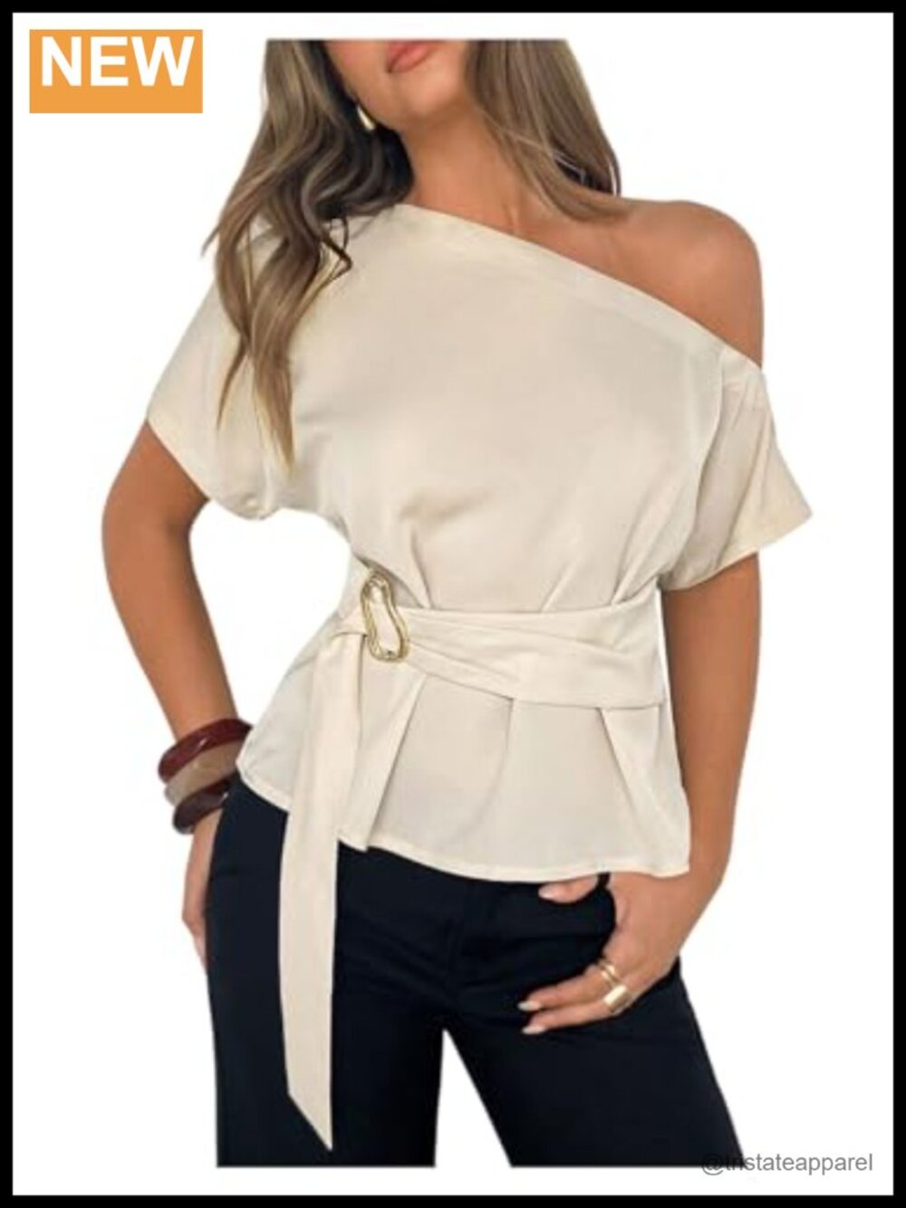 Off Shoulder Blouse with Belt Peplum Hem Dolman Sleeve Business Casual Top